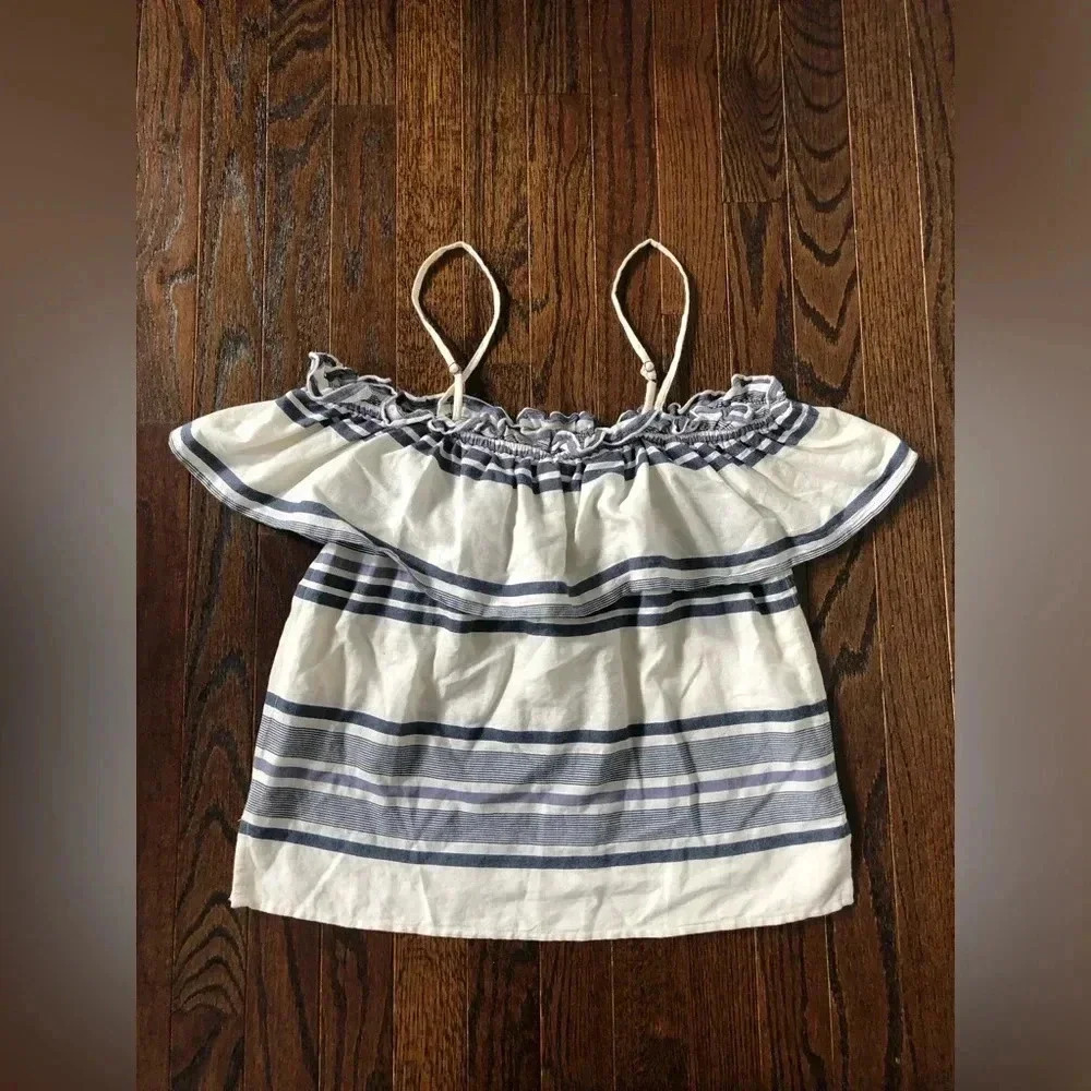 Splendid Women’s S Off-the-Shoulder Ruffle Overlay Blue/Off-White Striped Top - Picture 9 of 12